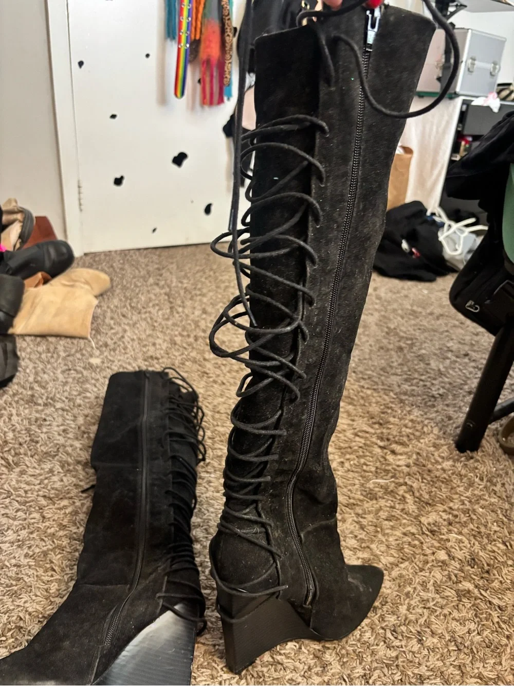 Bakers Black Lace-Up Over-the-Knee Wedge Boots
